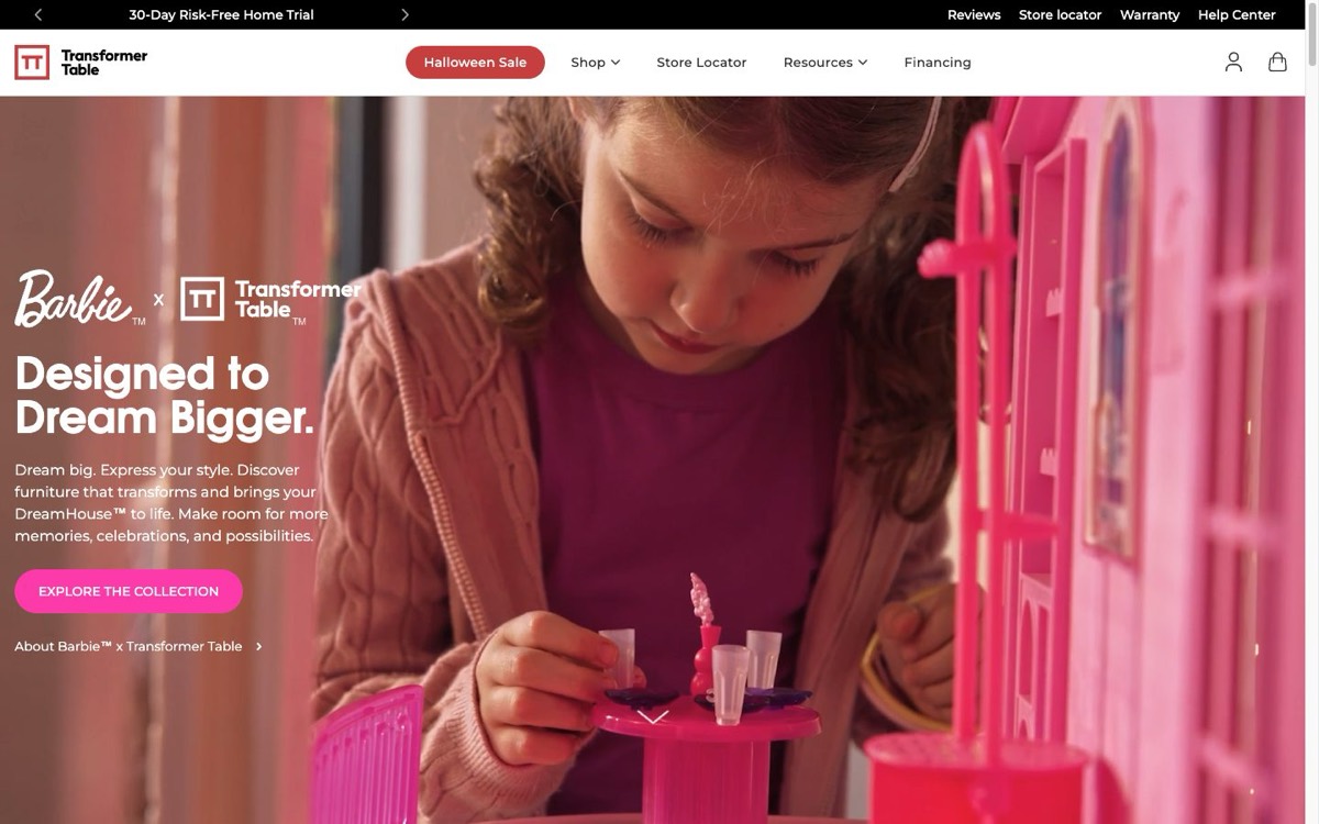 The Barbie × Transformer Table launch page on desktop