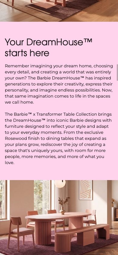 The Barbie × Transformer Table launch page on a phone